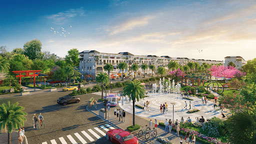 Phối cảnh quảng trường và dãy nhà phố Forestia Lake Mê Linh