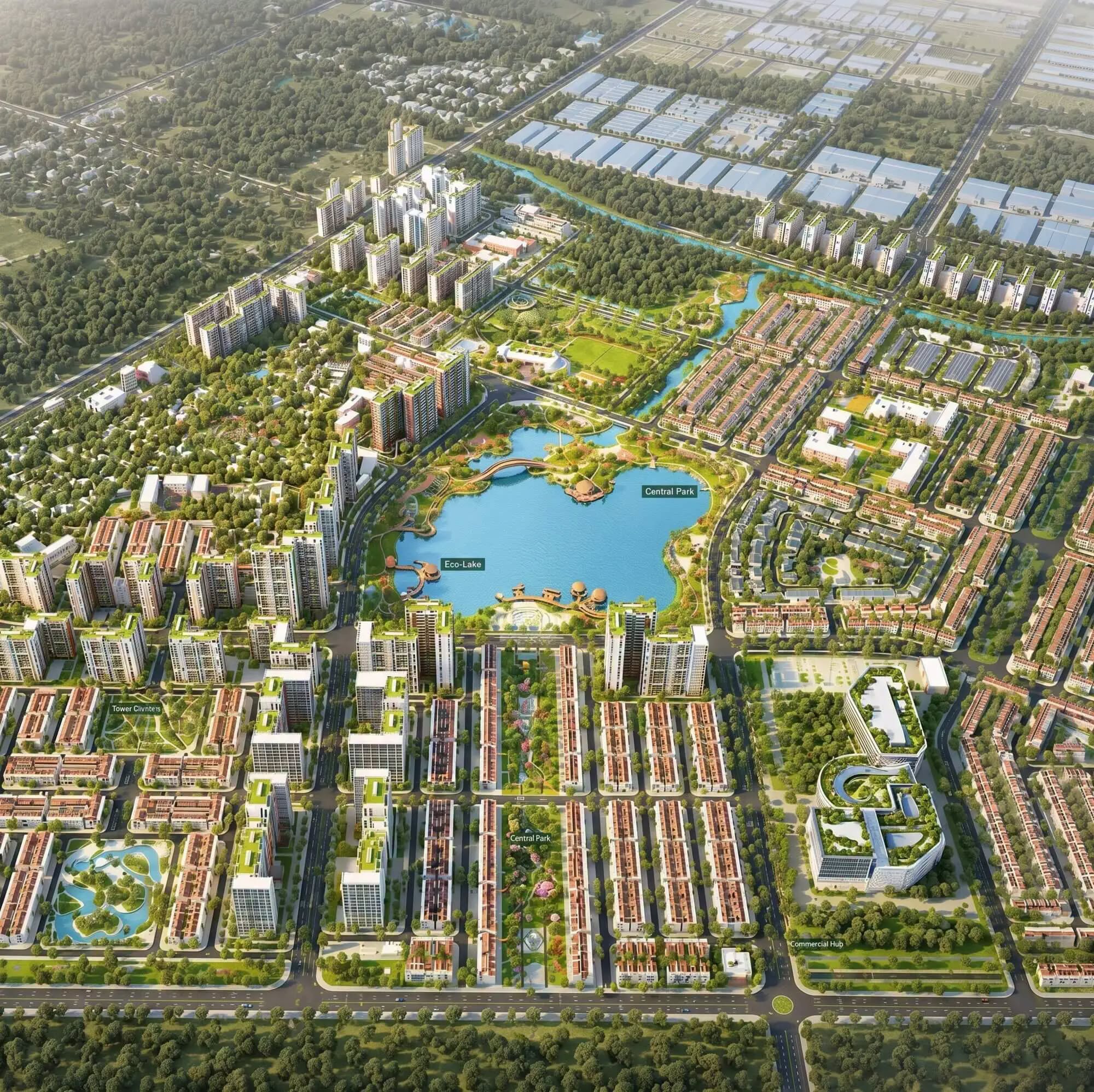 Sơ đồ quy hoạch tổng thể Forestia City với công viên trung tâm, hồ Eco-Lake và các cụm tháp căn hộ