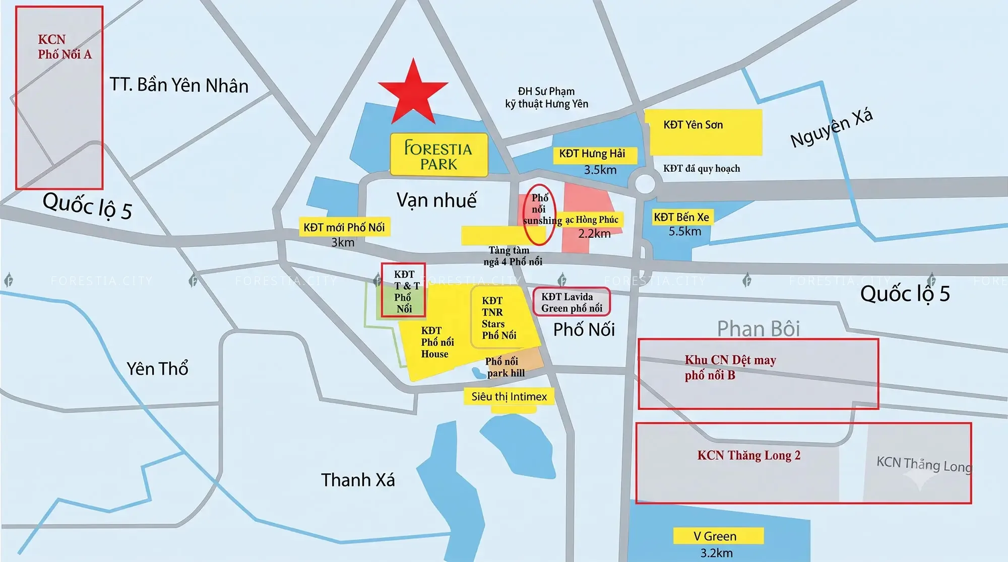 Bản đồ các khu đô thị và khu công nghiệp bao quanh dự án Forestia Park Phố Nối