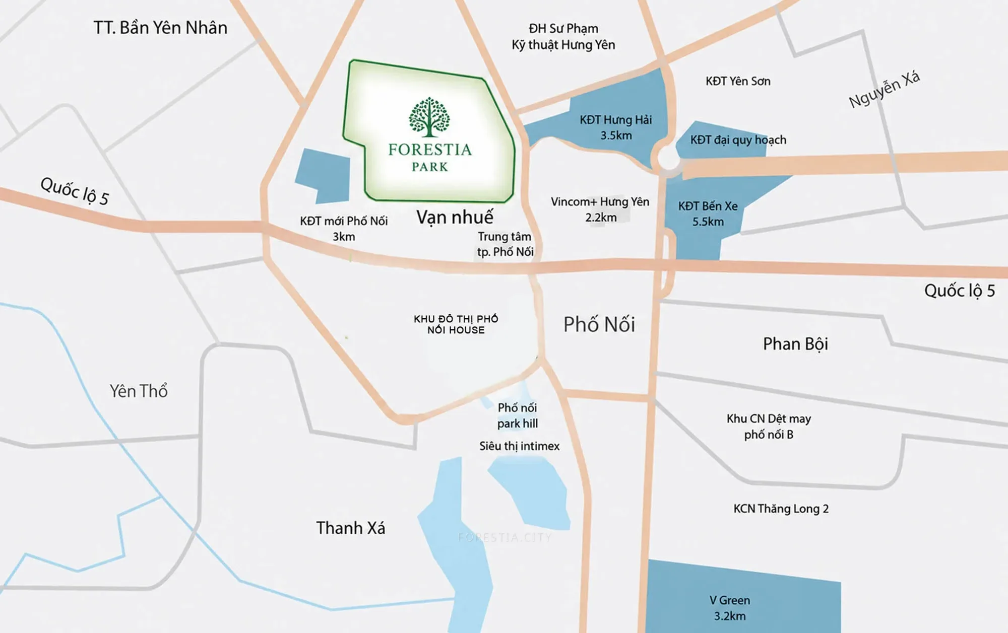 Bản đồ vị trí Forestia Park Phố Nối kết nối khu vực Mỹ Hào, Phố Nối