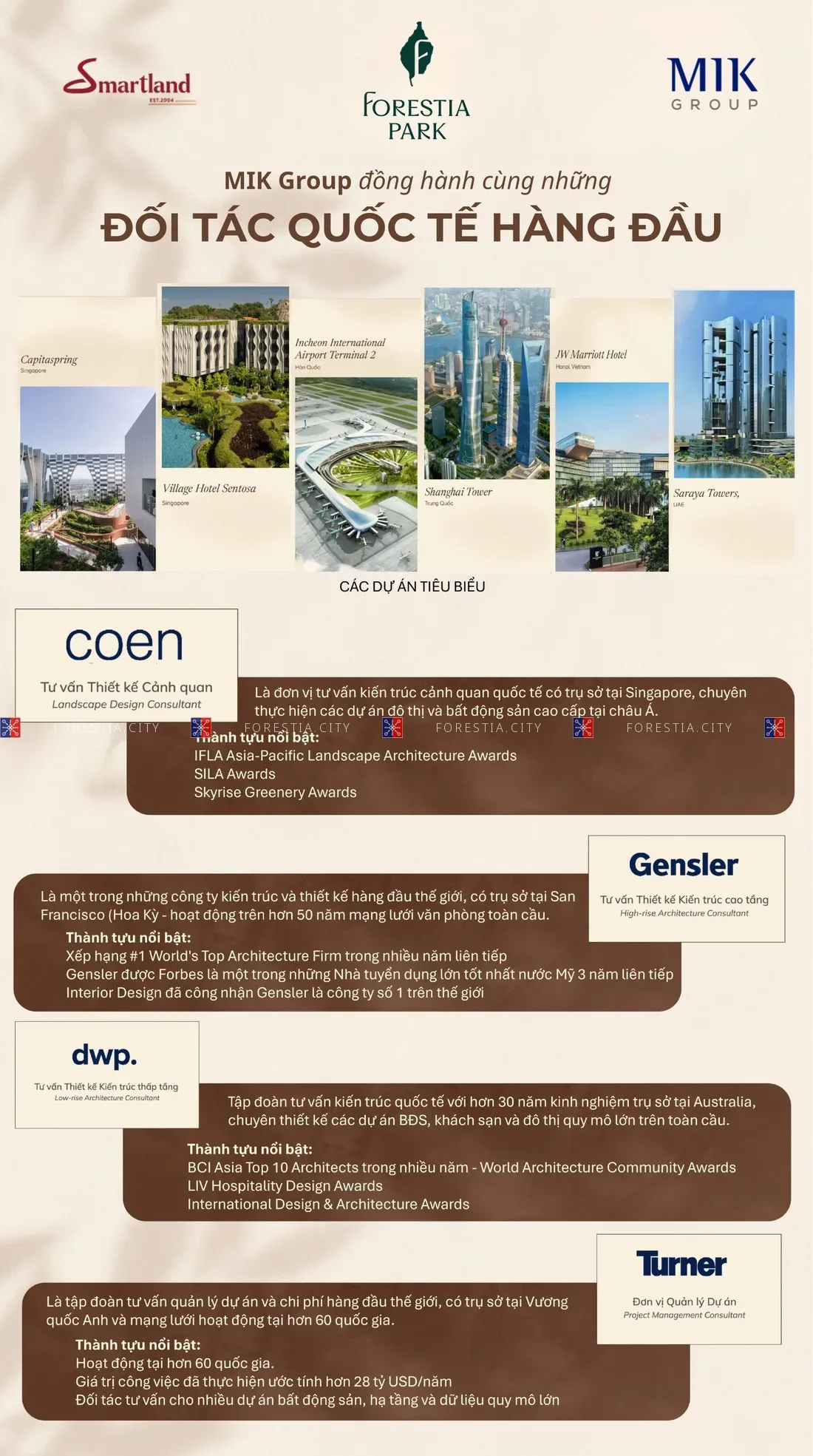Infographic bốn đơn vị quốc tế Gensler, DWP, COEN và Turner & Townsend tại Forestia Park
