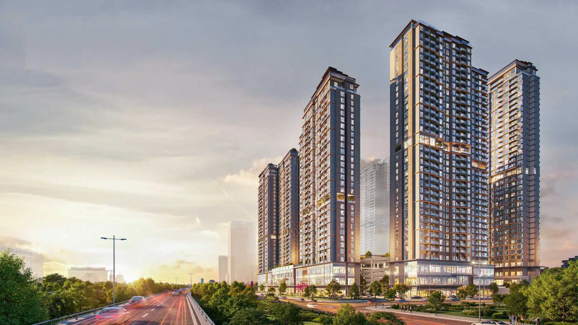 Phối cảnh cụm tòa căn hộ cao tầng dọc trục đường lớn hướng về khu đô thị Hanoi Garden City