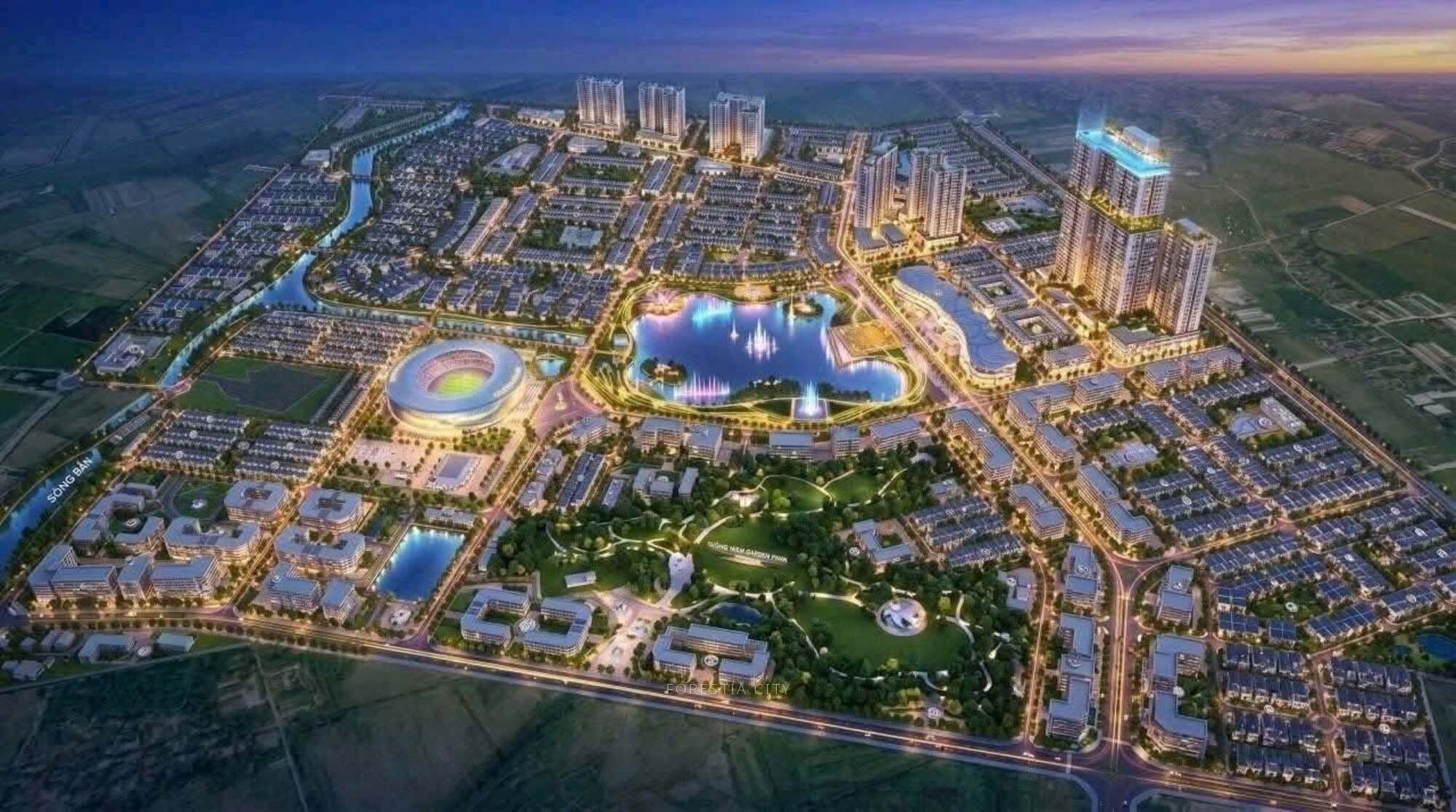 Phối cảnh dự án Forestia Park Phố Nối về đêm với hồ điều hòa và sân vận động