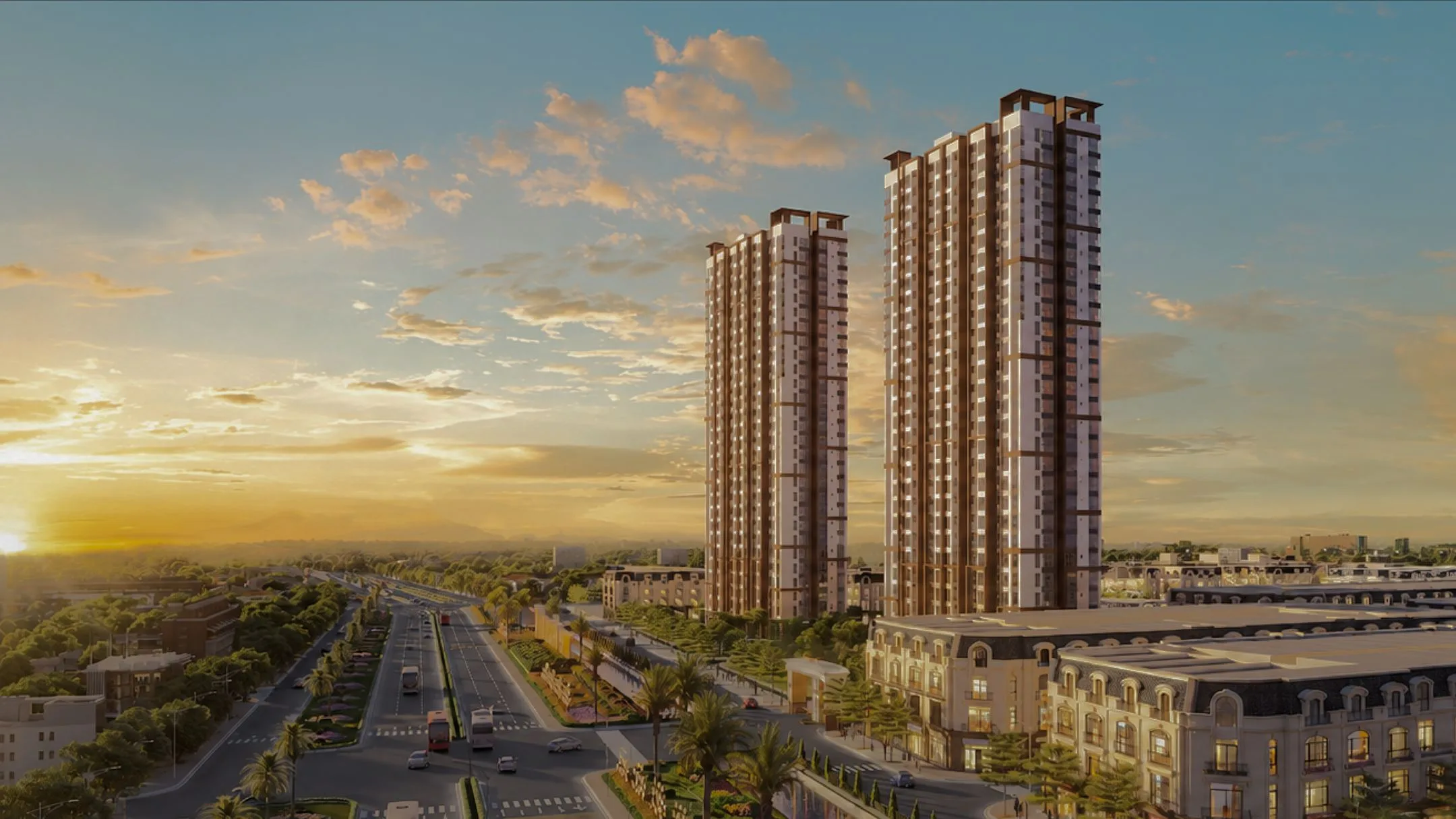 Phối cảnh hai tòa tháp căn hộ Forestia Park lúc hoàng hôn