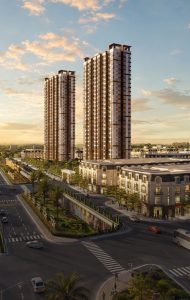 Phối cảnh tổng thể khu đô thị Forestia Park nhìn từ trên cao với hai tòa tháp căn hộ và khối shophouse mặt phố