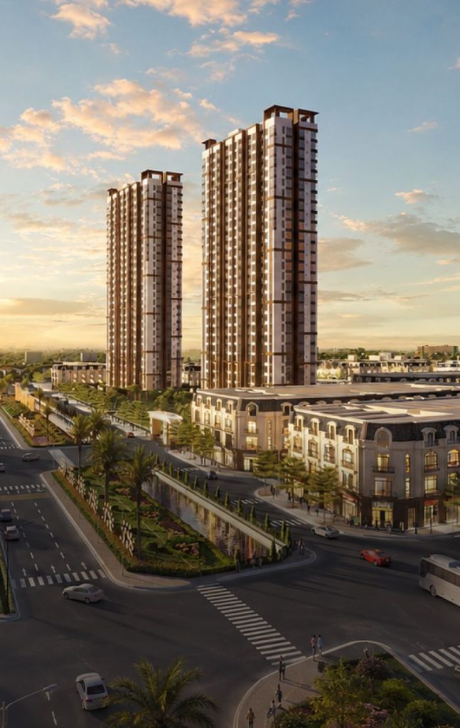 Phối cảnh tổng thể khu đô thị Forestia Park nhìn từ trên cao với hai tòa tháp căn hộ và khối shophouse mặt phố