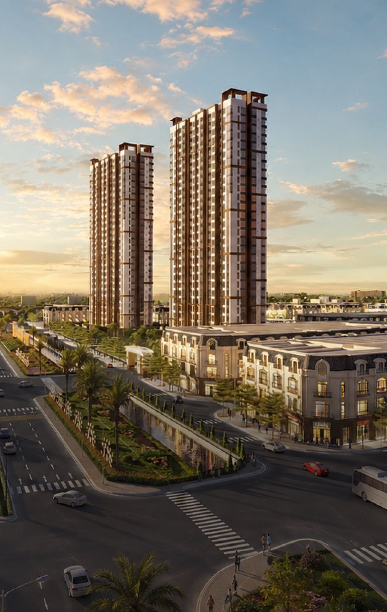 Phối cảnh tổng thể khu đô thị Forestia Park nhìn từ trên cao với hai tòa tháp căn hộ và khối shophouse mặt phố