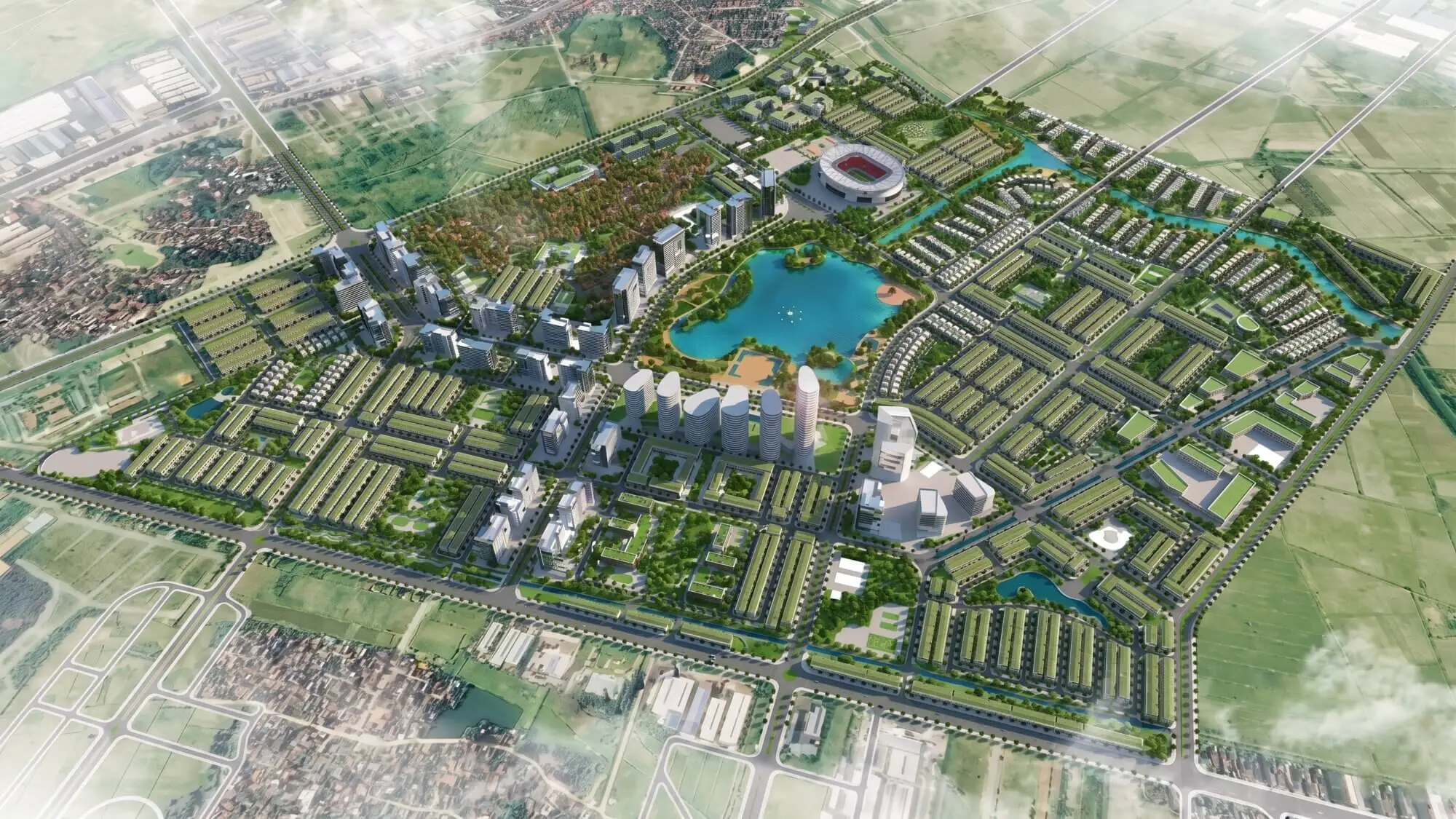 Phối cảnh tổng thể quy hoạch Forestia Park Phố Nối với hồ điều hòa trung tâm và các phân khu nhà ở
