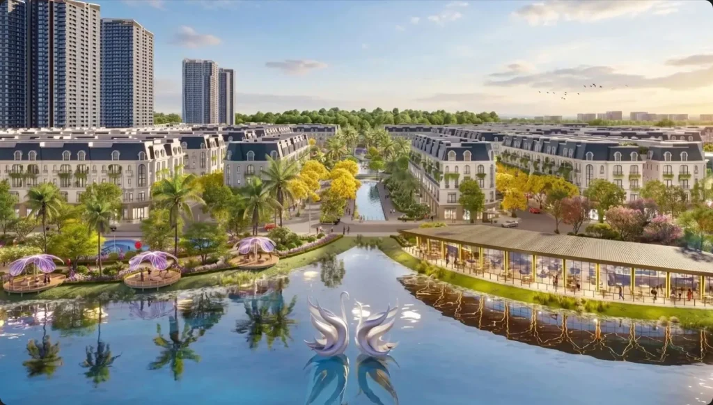 Trục cảnh quan hồ nước với tượng thiên nga giữa các dãy nhà phố Forestia Park